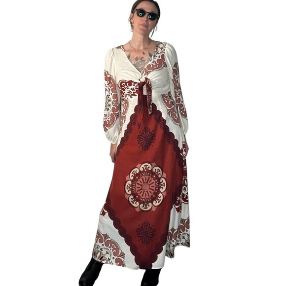 Marfinno Linen Medallion Maxi Dress Long Sleeve Cream Orange Medium - Picture 2 of 16